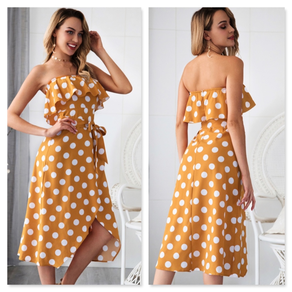 Polka Dot Strapless Flounce Midi Dress w/Slit - Picture 3 of 8